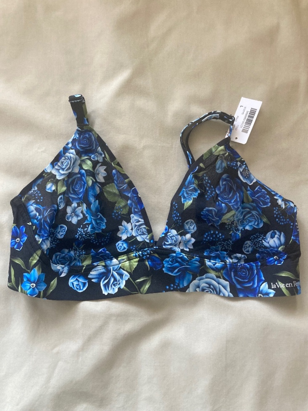 La Vie En Rose Black and Blue Floral Mesh Bralette; NWT, Size Large